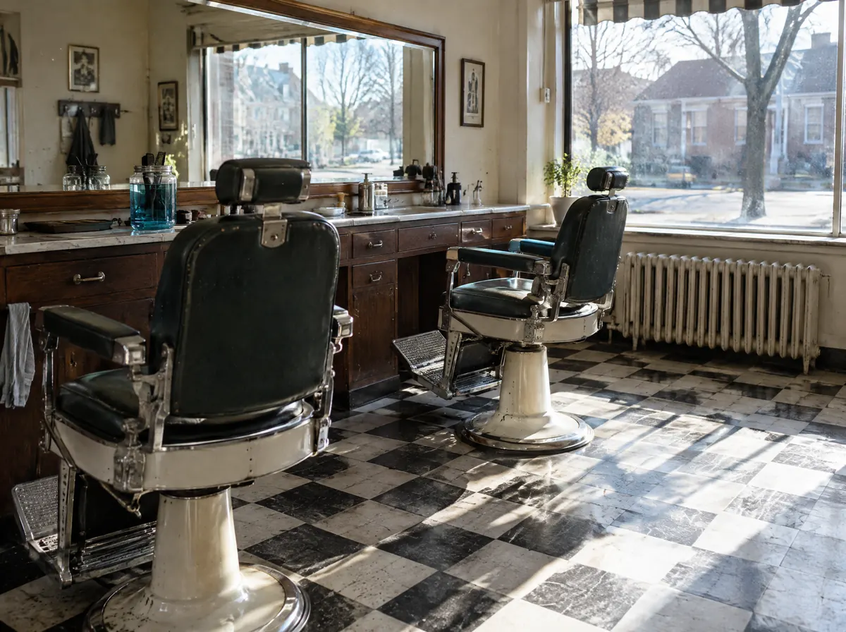 Two old barber chairs on a checkered tile floor in morning light