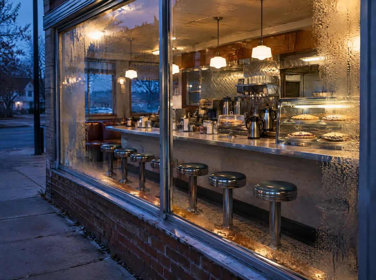 A diner counter with chrome stools and a pie case, seen through the front window at dusk