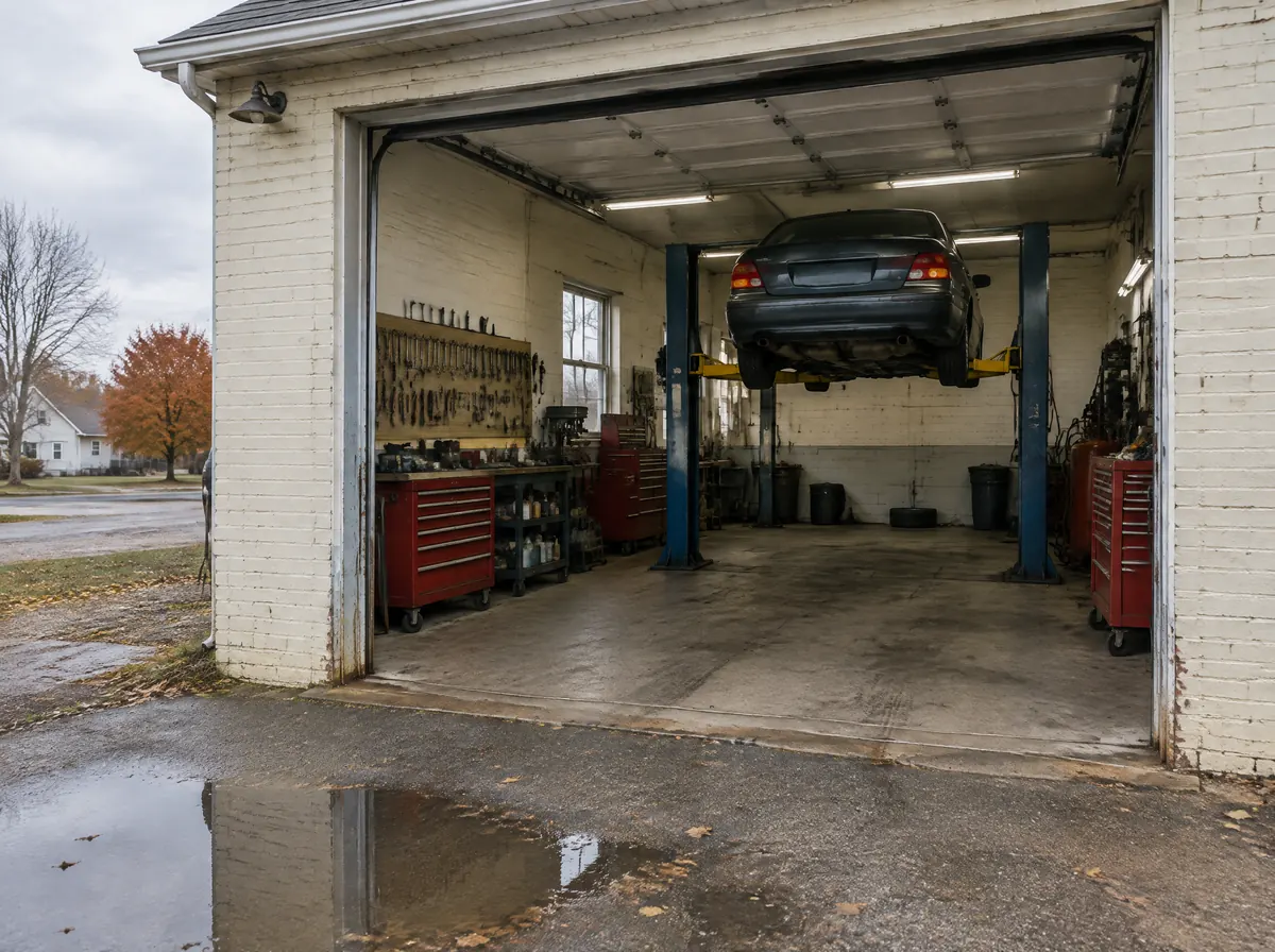 An open garage bay with a car up on a lift and red tool chests along the wall